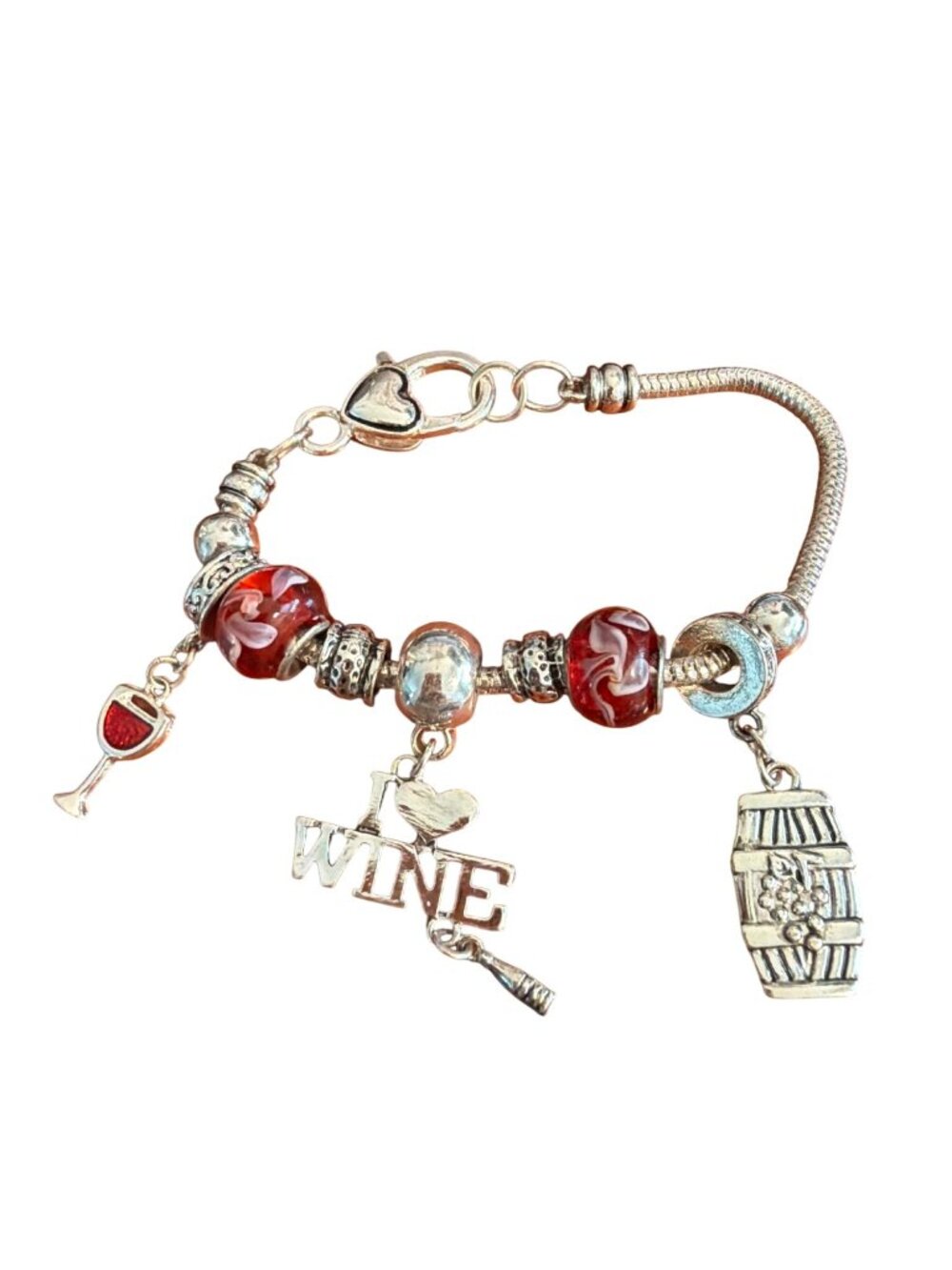 Silver Tone Wine Bracelet Snake Chain Beads Red Barrel Grapes Charms 6.75"